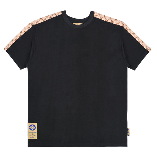 COTTON T-SHIRT (BLACK) WITH SHOULDER AND ARM PATTERN STRIPE